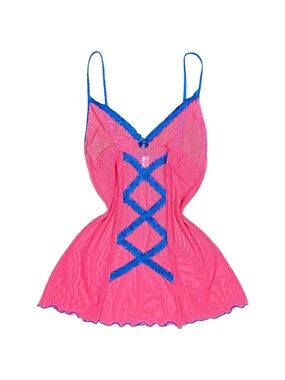 Y2K Hot Pink Blue Lingerie Top With Lace and Bow